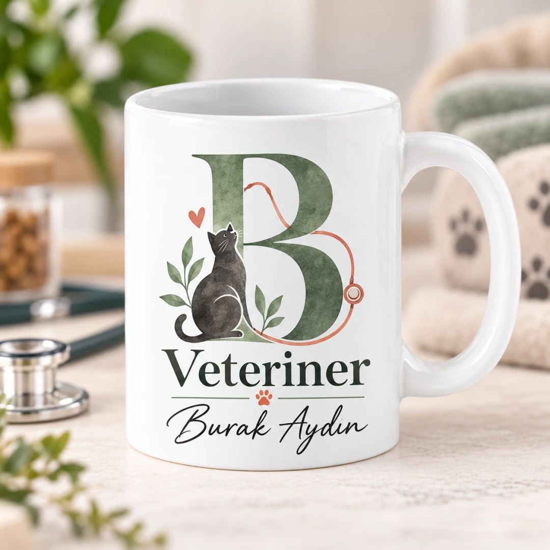 Veterinerlere Özel Harfi ve Kedi Monogramlı Kupa Bardak