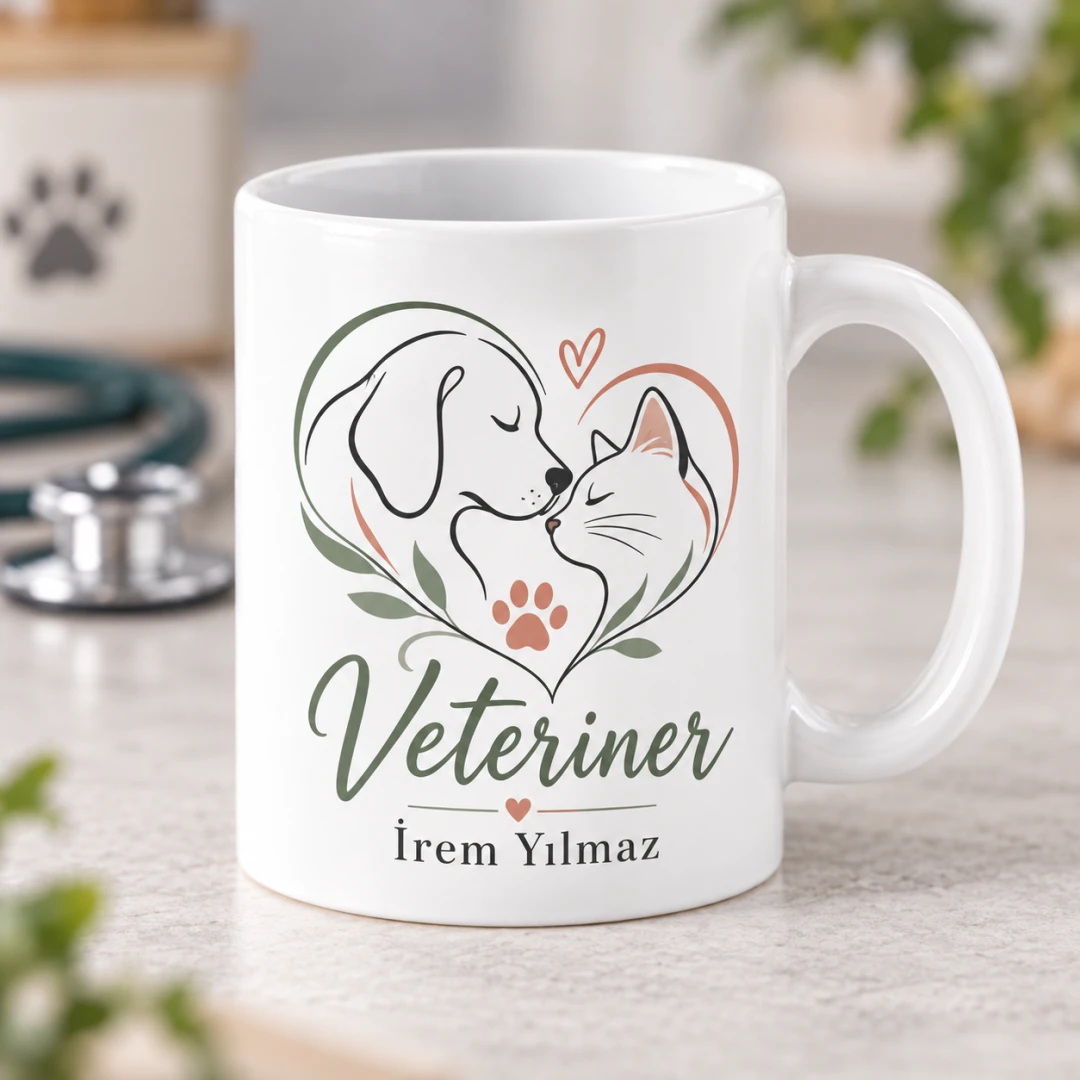 Veterinerlere Özel Kalp İçinde Köpek ve Kedi Çizimli Kupa Bardak