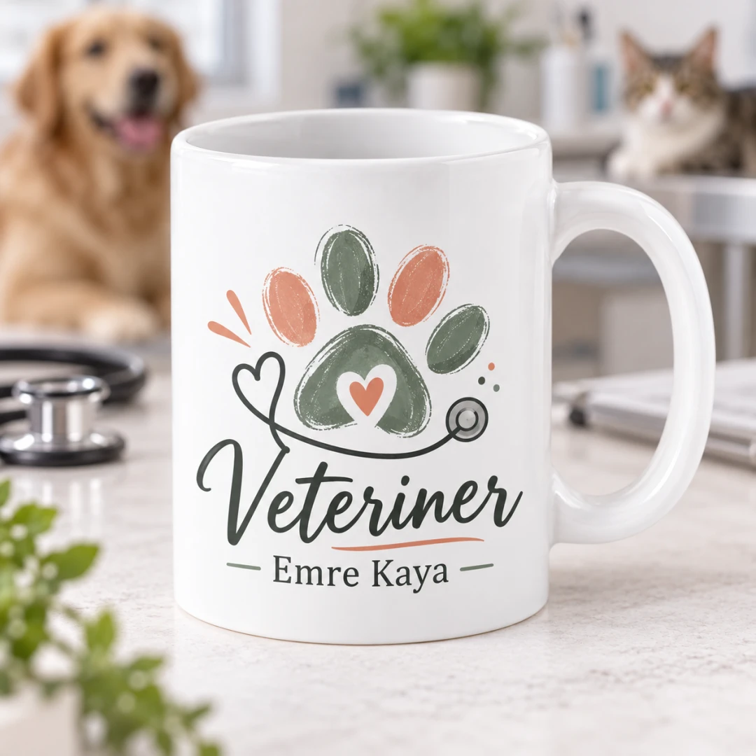 Veterinerlere Özel Pati İzi ve Kalp Motifli Kupa Bardak