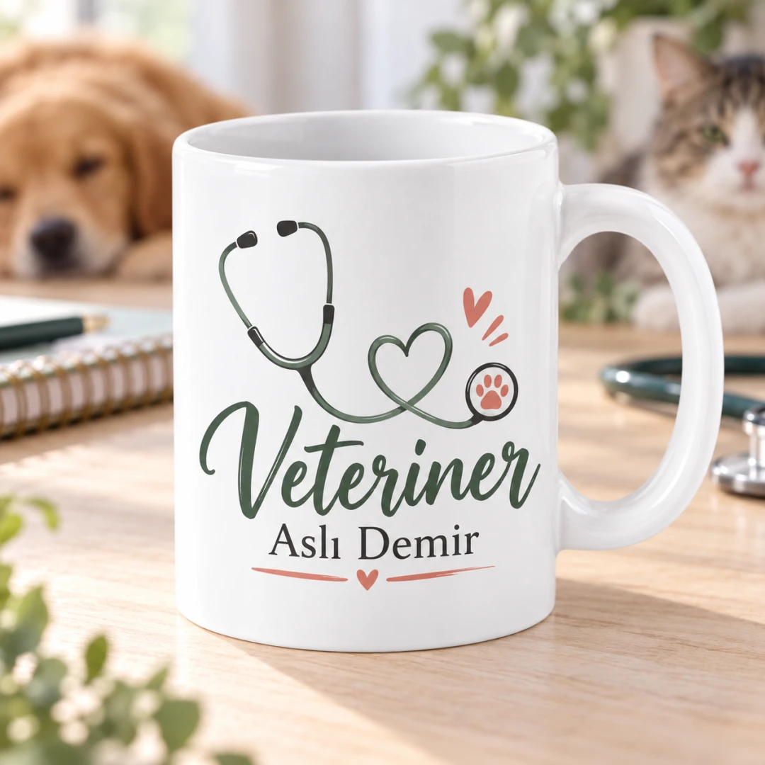 Veterinerlere Özel Stetoskop ve Pati Motifli Kupa Bardak