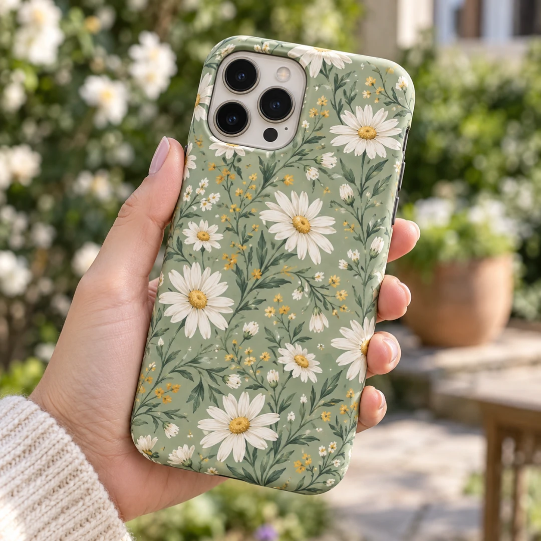 Zarif Papatyalı Yeşil Telefon Kılıfı - Tüm Modeller