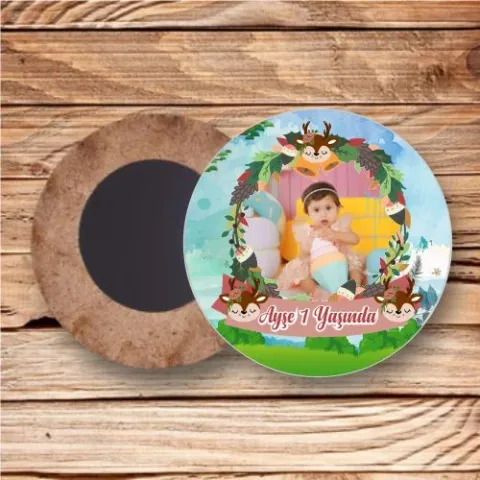 Geyik Temalı Ahşap Daire Magnet