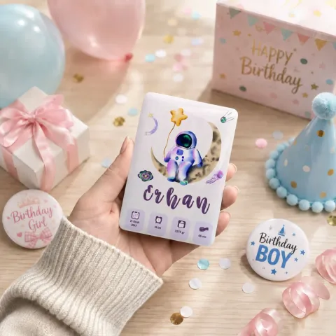 Kişiye Özel Uzay Temalı Bebek Magneti 6x9 cm | 4 mm Kalın Parlak Fotoğraflı Magnet