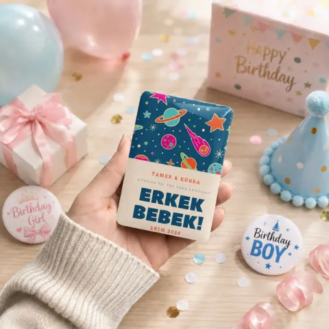 Kişiye Özel Erkek Bebek Magneti 6x9 cm | 4 mm Kalın Parlak Cinsiyet Magneti - 10 Adet