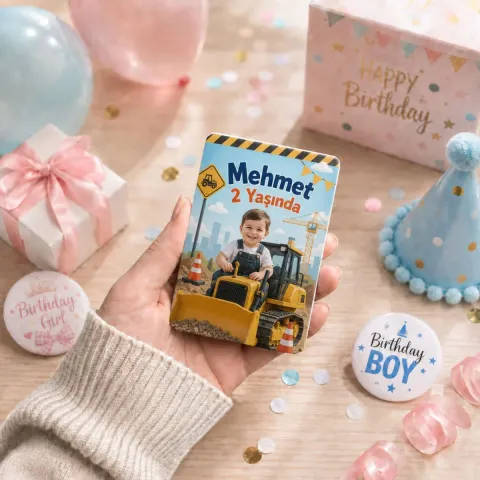 Kişiye Özel İş Makinesi Temalı Kalın Doğum Günü Magneti 6x9 cm - 10 Adet