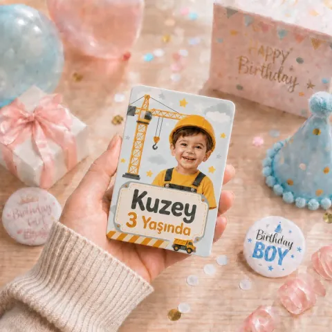 Kişiye Özel İş Makinesi Temalı 3 Yaş Doğum Günü Magneti 6x9 cm | 4 mm Kalın Parlak Selefonlu Magnet - 10 Adet