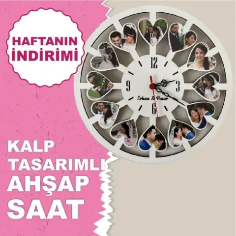 Kalp Tasarımlı Fotoğraf Baskılı Ahşap Saat