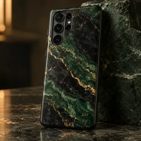Altın Damarlı Siyah-Yeşil Mermer Telefon Kılıfı - Tüm Modeller