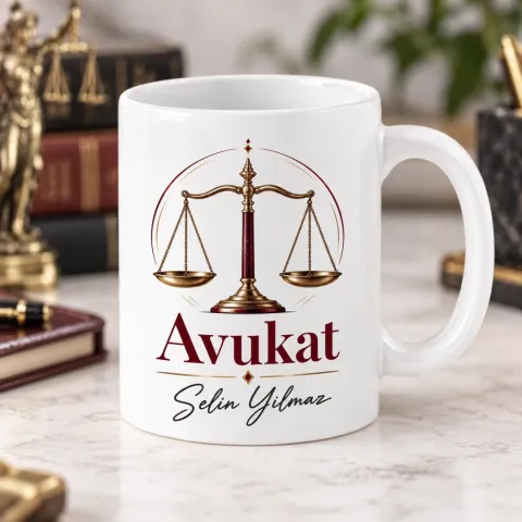Avukatlara Özel Altın Terazi ve Bordo Detaylı Kupa Bardak