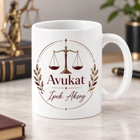 Avukatlara Özel Defne Yapraklı Altın Terazi Motifli Kupa Bardak