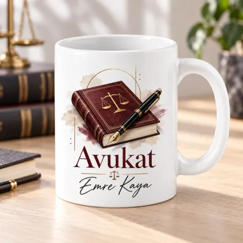Avukatlara Özel Hukuk Kitabı ve Dolma Kalem Motifli Kupa Bardak