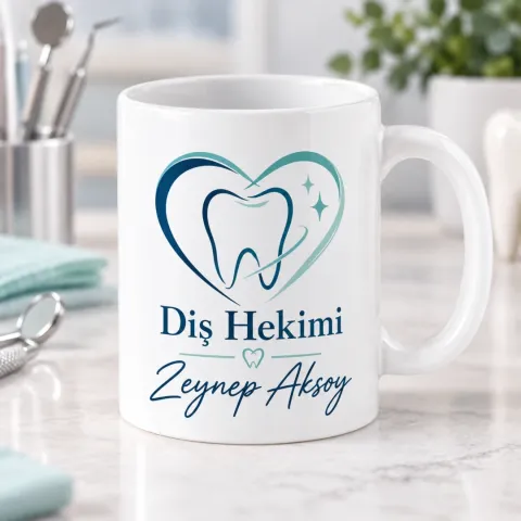 Diş Hekimlerine Özel Kalp İçinde Diş Motifli Kupa Bardak