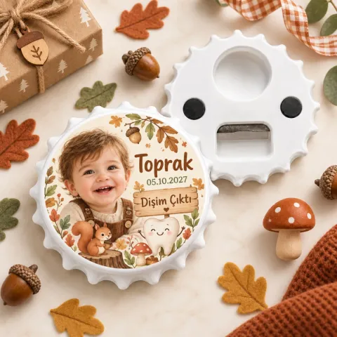 Fotoğraflı Erkek Bebek Diş Çıktı Yuvarlak Açacak Magnet - Sonbahar Sincap