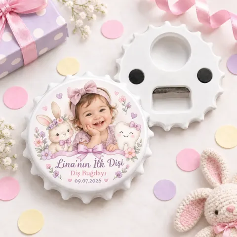 Fotoğraflı Kız Bebek İlk Diş Yuvarlak Açacak Magnet - Tavşan Lila