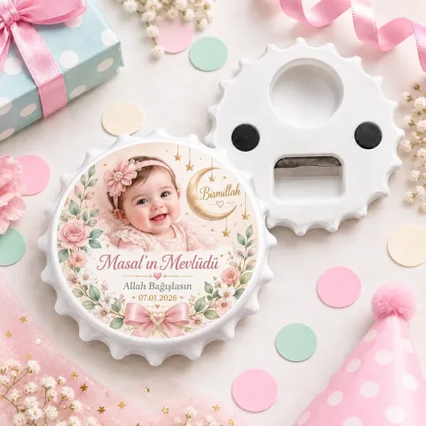 Fotoğraflı Kız Bebek Mevlüt Yuvarlak Açacak Magnet - Klasik Pembe