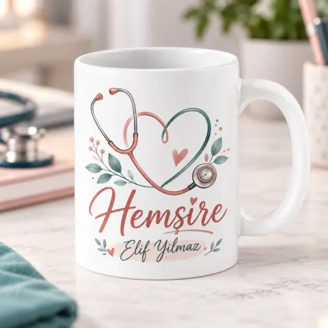 Hemşirelere Özel Stetoskop ve Kalp Motifli Kupa Bardak