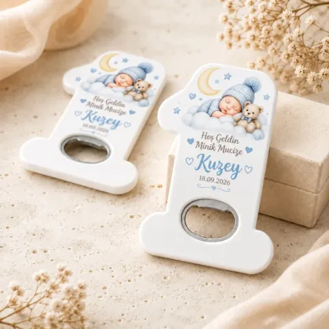 Hoş Geldin Bebek Açacak Magnet – Kişiye Özel Yenidoğan Hediyeliği (Bej Yaprak Desenli)