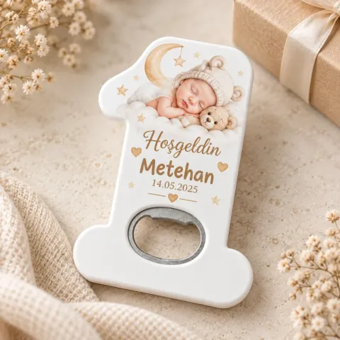 Hoş Geldin Bebek Açacak Magnet – Kişiye Özel Yenidoğan Hediyeliği (Bej Yildizli Hosgeldin)
