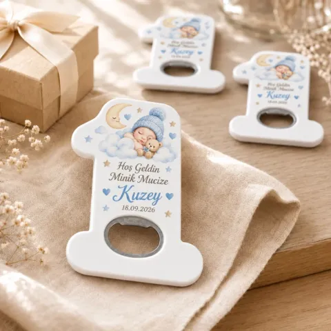 Hoş Geldin Bebek Açacak Magnet – Kişiye Özel Yenidoğan Hediyeliği (Pembe Ayicik Kalp)