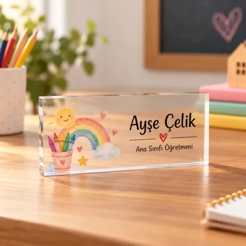 Kişiye Özel Ana Sınıfı Öğretmeni Akrilik Masa İsimliği – Gökkuşağı ve Boya