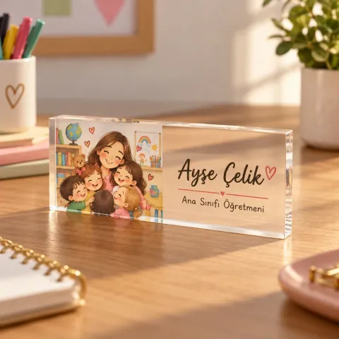 Kişiye Özel Ana Sınıfı Öğretmeni Akrilik Masa İsimliği – Öğretmen ve Çocuklar