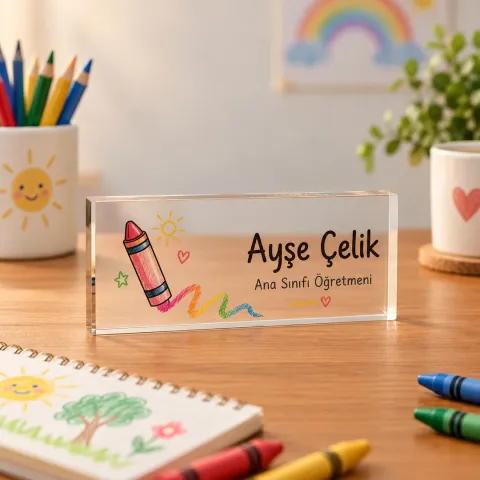 Kişiye Özel Ana Sınıfı Öğretmeni Akrilik Masa İsimliği – Pastel Boya ve Güneş