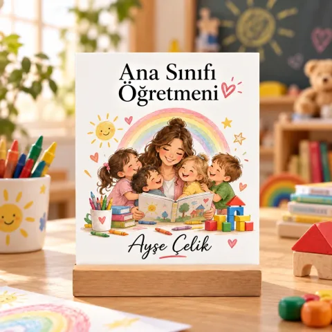 Kişiye Özel Ana Sınıfı Öğretmeni Pleksi Masa Üstü Tablo – Gökkuşağı ve Çocuklar