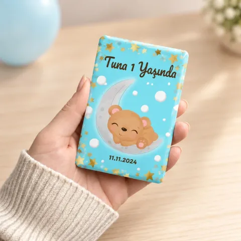 Kişiye Özel Aylı Ayıcıklı Mavi Dikey Doğum Günü Magneti - 10 Adet