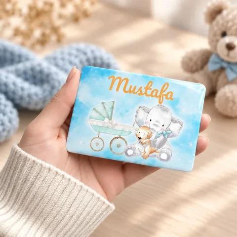 Kişiye Özel Bebek Arabalı Filli Mavi İsimli Bebek Hatıra Magneti - 10 Adet