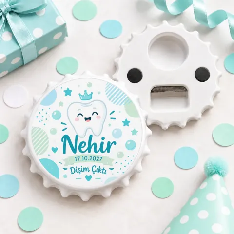 Kişiye Özel Bebek Diş Çıktı Yuvarlak Açacak Magnet - Mint Kabarcık