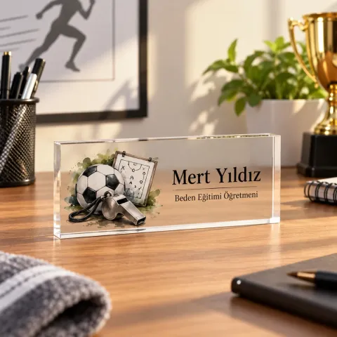 Kişiye Özel Beden Eğitimi Öğretmeni Akrilik Masa İsimliği – Futbol Topu ve Düdük