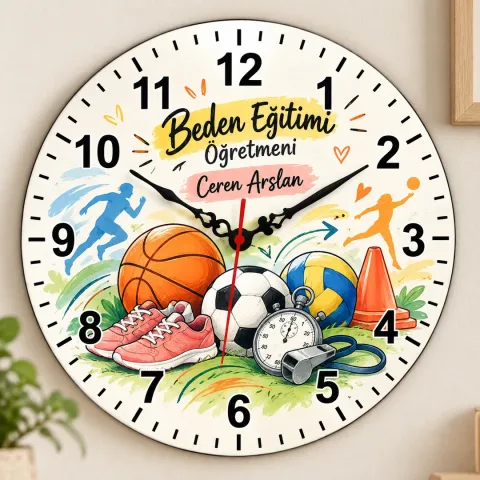 Kişiye Özel Beden Eğitimi Öğretmeni Duvar Saati – Basketbol ve Koşan Figürler