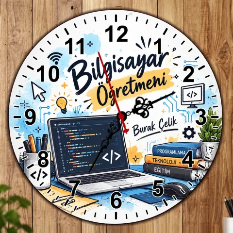 Kişiye Özel Bilgisayar Öğretmeni Duvar Saati – Dizüstü Bilgisayar ve Kod