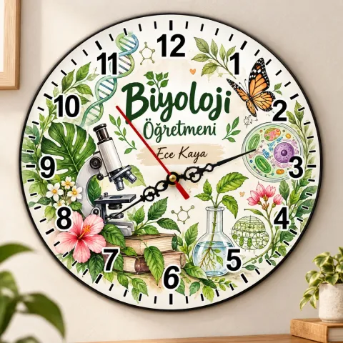 Kişiye Özel Biyoloji Öğretmeni Duvar Saati – Mikroskop ve Kelebek