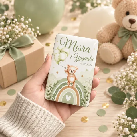 Kişiye Özel Boho Ayıcıklı Yeşil Doğum Günü Magneti - 10 Adet