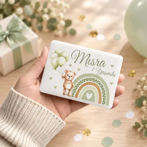 Kişiye Özel Boho Gökkuşaklı Ayıcıklı Krem Doğum Günü Magneti - 10 Adet