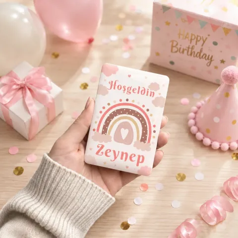 Kişiye Özel Boho Gökkuşaklı Pembe Hoş Geldin Bebek Magneti - 10 Adet