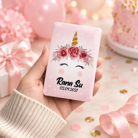 Kişiye Özel Çiçek Taçlı Unicorn Minimal Doğum Günü Magneti - 10 Adet