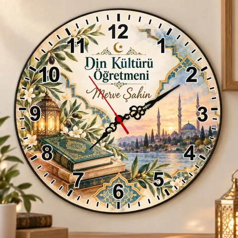 Kişiye Özel Din Kültürü Öğretmeni Duvar Saati – Cami Silueti ve Kandil