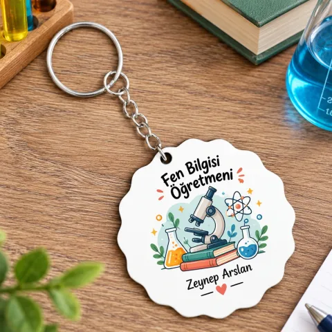 Kişiye Özel Fen Bilgisi Öğretmeni Ahşap Anahtarlık – Mikroskop ve Kitaplar