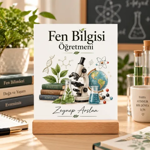 Kişiye Özel Fen Bilgisi Öğretmeni Pleksi Masa Üstü Tablo – Mikroskop ve Küre