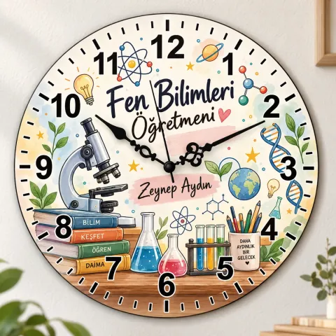 Kişiye Özel Fen Bilimleri Öğretmeni Duvar Saati – Deney Masası