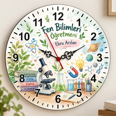 Kişiye Özel Fen Bilimleri Öğretmeni Duvar Saati – Mikroskop ve Mıknatıs