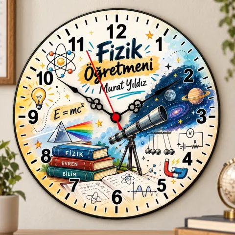 Kişiye Özel Fizik Öğretmeni Duvar Saati – Teleskop ve Gece Gökyüzü