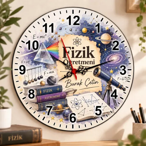 Kişiye Özel Fizik Öğretmeni Duvar Saati – Uzay ve Prizma