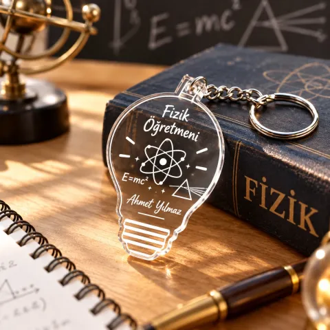 Kişiye Özel Fizik Öğretmeni Pleksi Anahtarlık – Ampul ve Atom