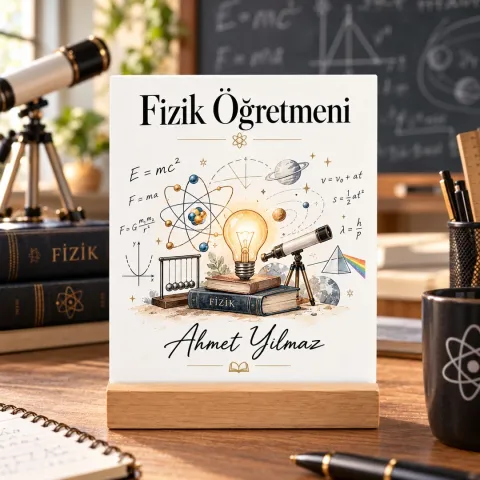 Kişiye Özel Fizik Öğretmeni Pleksi Masa Üstü Tablo – Ampul ve Teleskop