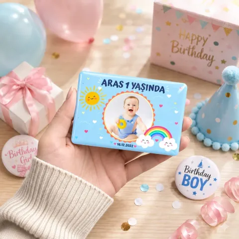 Kişiye Özel Fotoğraflı Gökkuşağı ve Güneşli Pastel Doğum Günü Magneti - 10 Adet