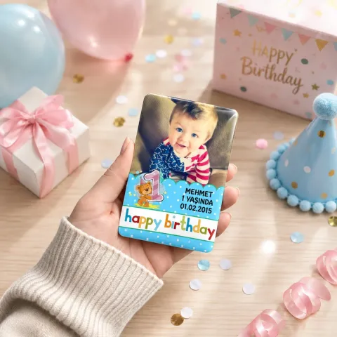 Kişiye Özel Fotoğraflı Happy Birthday Yazılı Aslanlı Doğum Günü Magneti - 10 Adet