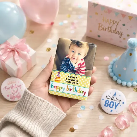 Kişiye Özel Fotoğraflı Happy Birthday Yazılı Renkli Doğum Günü Magneti - 10 Adet